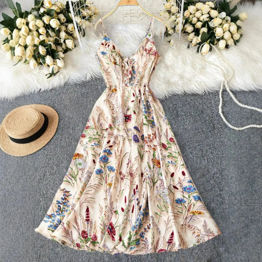 Summer Woman Dress Floral Print Spaghetti Strap Women'S Summer Sundress a Line Smocked Waist Maxi Dress Satin like Fabric Slip