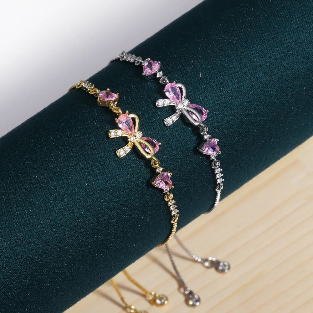 Adjustable Pink AAA Zircon 18K Gold Plated Bowknot Bracelets for Women New Fashion Vintage Bracelets Wedding Party Jewelry Gift