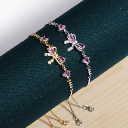 Adjustable Pink AAA Zircon 18K Gold Plated Bowknot Bracelets for Women New Fashion Vintage Bracelets Wedding Party Jewelry Gift