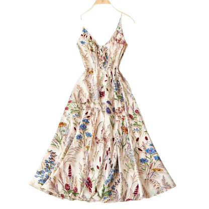 Summer Woman Dress Floral Print Spaghetti Strap Women'S Summer Sundress a Line Smocked Waist Maxi Dress Satin like Fabric Slip