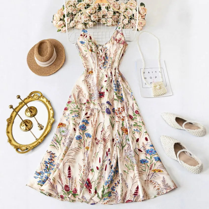 Summer Woman Dress Floral Print Spaghetti Strap Women'S Summer Sundress a Line Smocked Waist Maxi Dress Satin like Fabric Slip