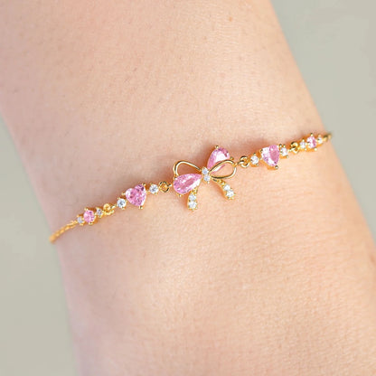New Ins Vintage Pink Zircon Heart Bow Bracelet for Women Girl Cute Bow Handmade Fashion Anniversary Jewelry Gift