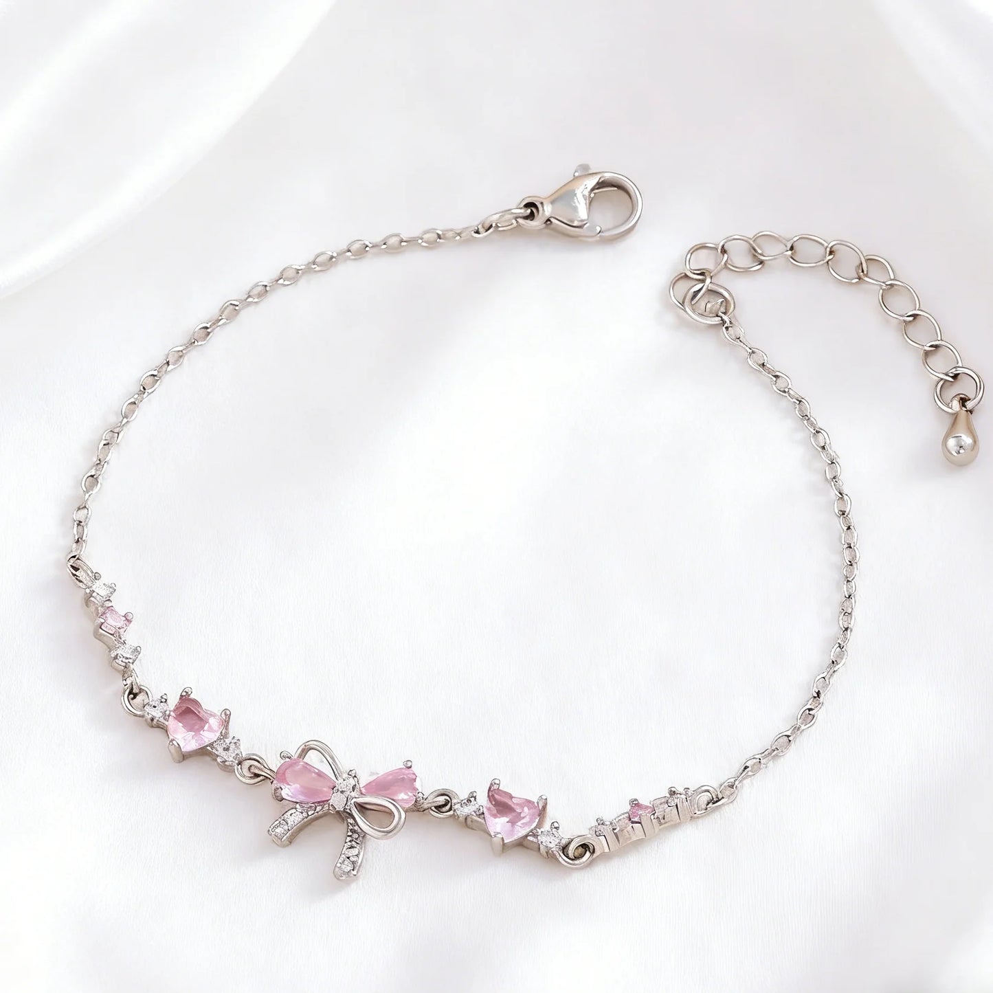 New Ins Vintage Pink Zircon Heart Bow Bracelet for Women Girl Cute Bow Handmade Fashion Anniversary Jewelry Gift