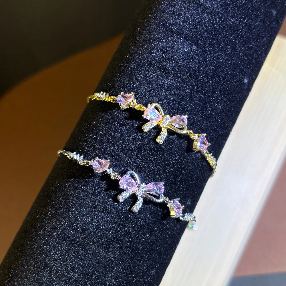Adjustable Pink AAA Zircon 18K Gold Plated Bowknot Bracelets for Women New Fashion Vintage Bracelets Wedding Party Jewelry Gift