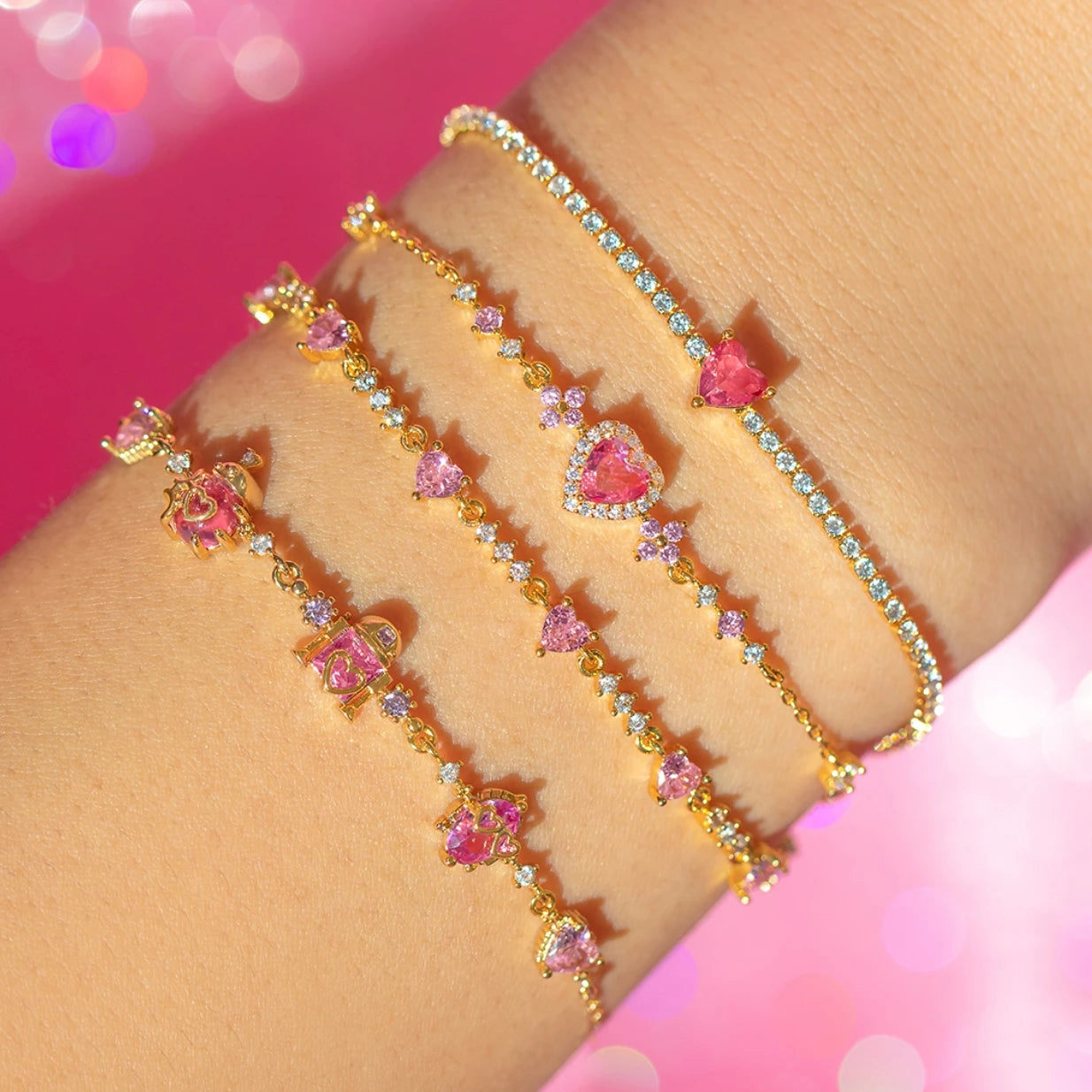 New Ins Vintage Pink Zircon Heart Bow Bracelet for Women Girl Cute Bow Handmade Fashion Anniversary Jewelry Gift