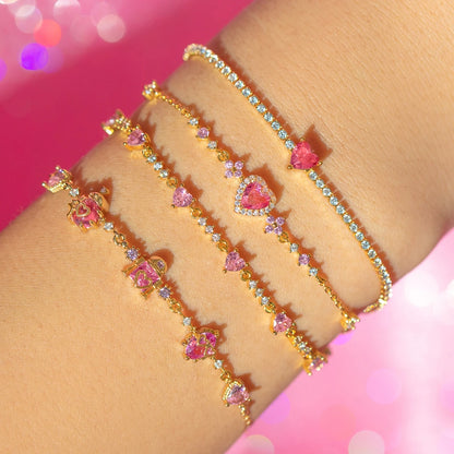 New Ins Vintage Pink Zircon Heart Bow Bracelet for Women Girl Cute Bow Handmade Fashion Anniversary Jewelry Gift