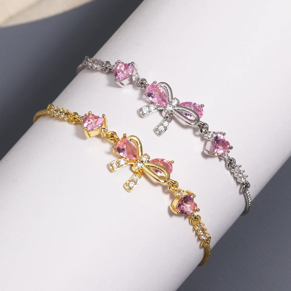 Adjustable Pink AAA Zircon 18K Gold Plated Bowknot Bracelets for Women New Fashion Vintage Bracelets Wedding Party Jewelry Gift