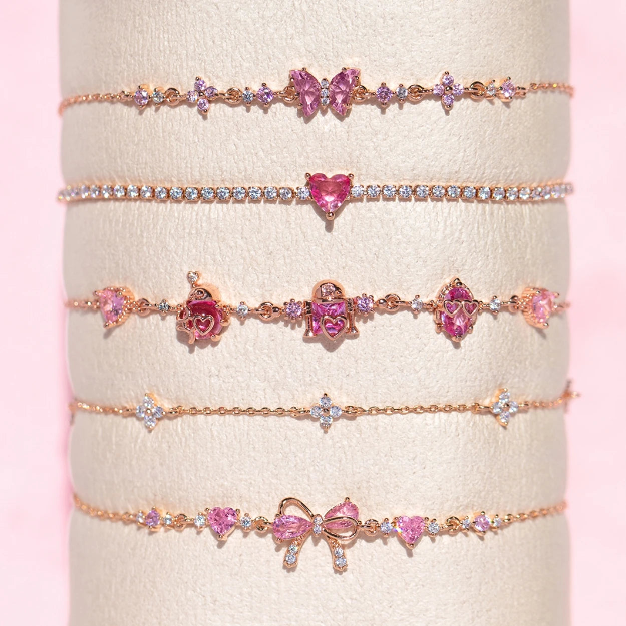 New Ins Vintage Pink Zircon Heart Bow Bracelet for Women Girl Cute Bow Handmade Fashion Anniversary Jewelry Gift