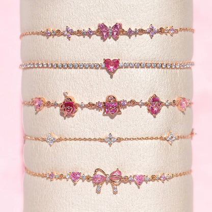 New Ins Vintage Pink Zircon Heart Bow Bracelet for Women Girl Cute Bow Handmade Fashion Anniversary Jewelry Gift