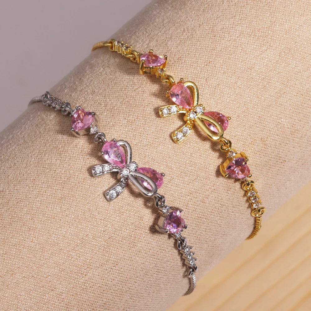 Adjustable Pink AAA Zircon 18K Gold Plated Bowknot Bracelets for Women New Fashion Vintage Bracelets Wedding Party Jewelry Gift