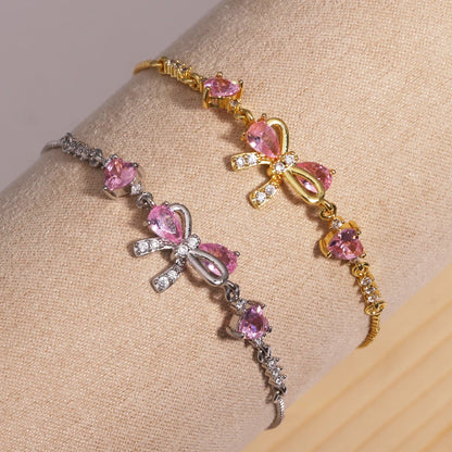 Adjustable Pink AAA Zircon 18K Gold Plated Bowknot Bracelets for Women New Fashion Vintage Bracelets Wedding Party Jewelry Gift
