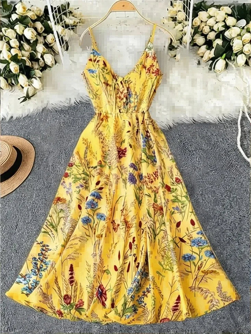 Summer Woman Dress Floral Print Spaghetti Strap Women'S Summer Sundress a Line Smocked Waist Maxi Dress Satin like Fabric Slip