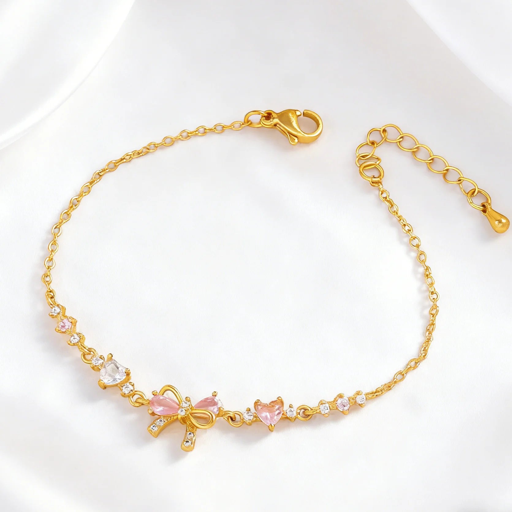 New Ins Vintage Pink Zircon Heart Bow Bracelet for Women Girl Cute Bow Handmade Fashion Anniversary Jewelry Gift