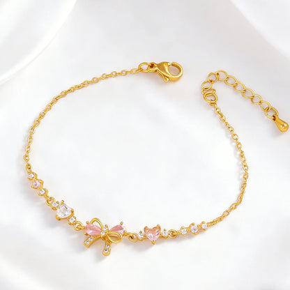 New Ins Vintage Pink Zircon Heart Bow Bracelet for Women Girl Cute Bow Handmade Fashion Anniversary Jewelry Gift
