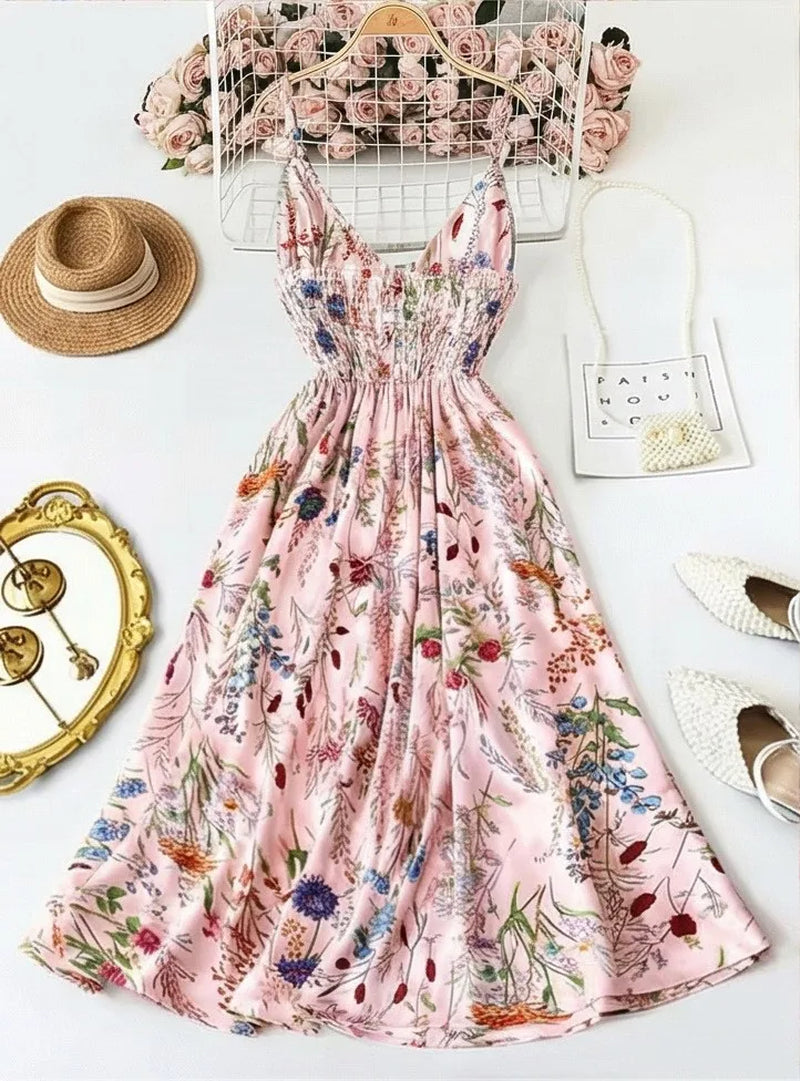 Summer Woman Dress Floral Print Spaghetti Strap Women'S Summer Sundress a Line Smocked Waist Maxi Dress Satin like Fabric Slip
