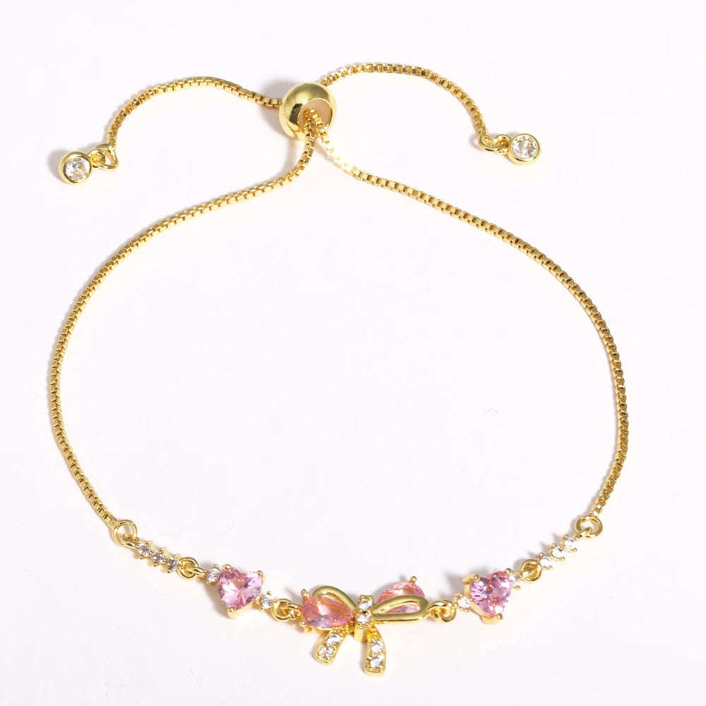 Adjustable Pink AAA Zircon 18K Gold Plated Bowknot Bracelets for Women New Fashion Vintage Bracelets Wedding Party Jewelry Gift