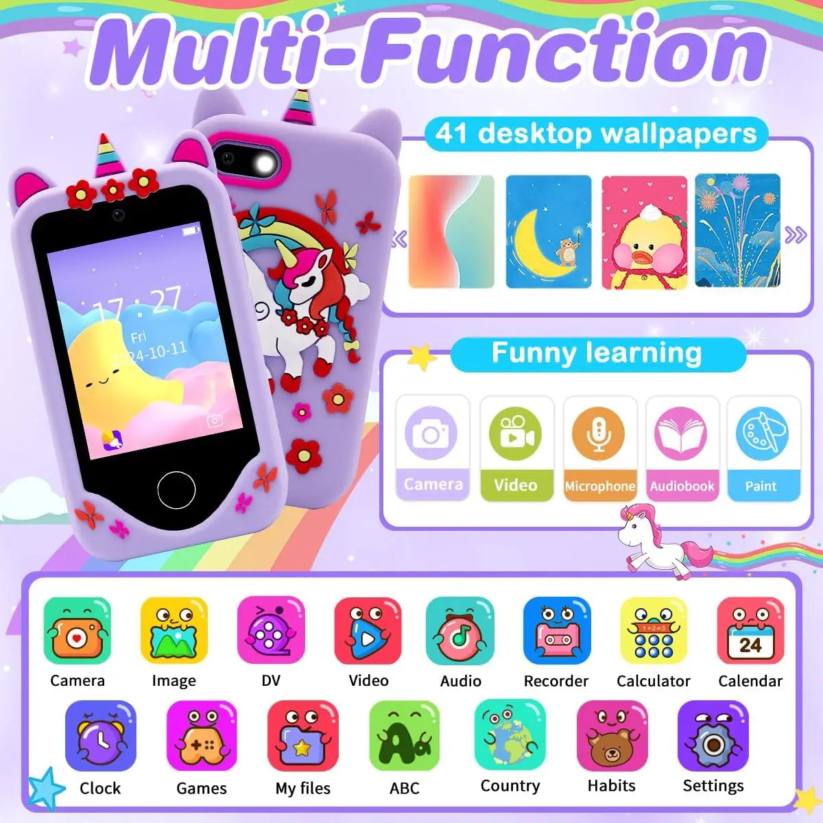 Kids Smart Phone for Girls Boys Kids Cell Phone Toys Dual Camera Music Player 17 Games Toddler Learning Phone for Birthday Gifts