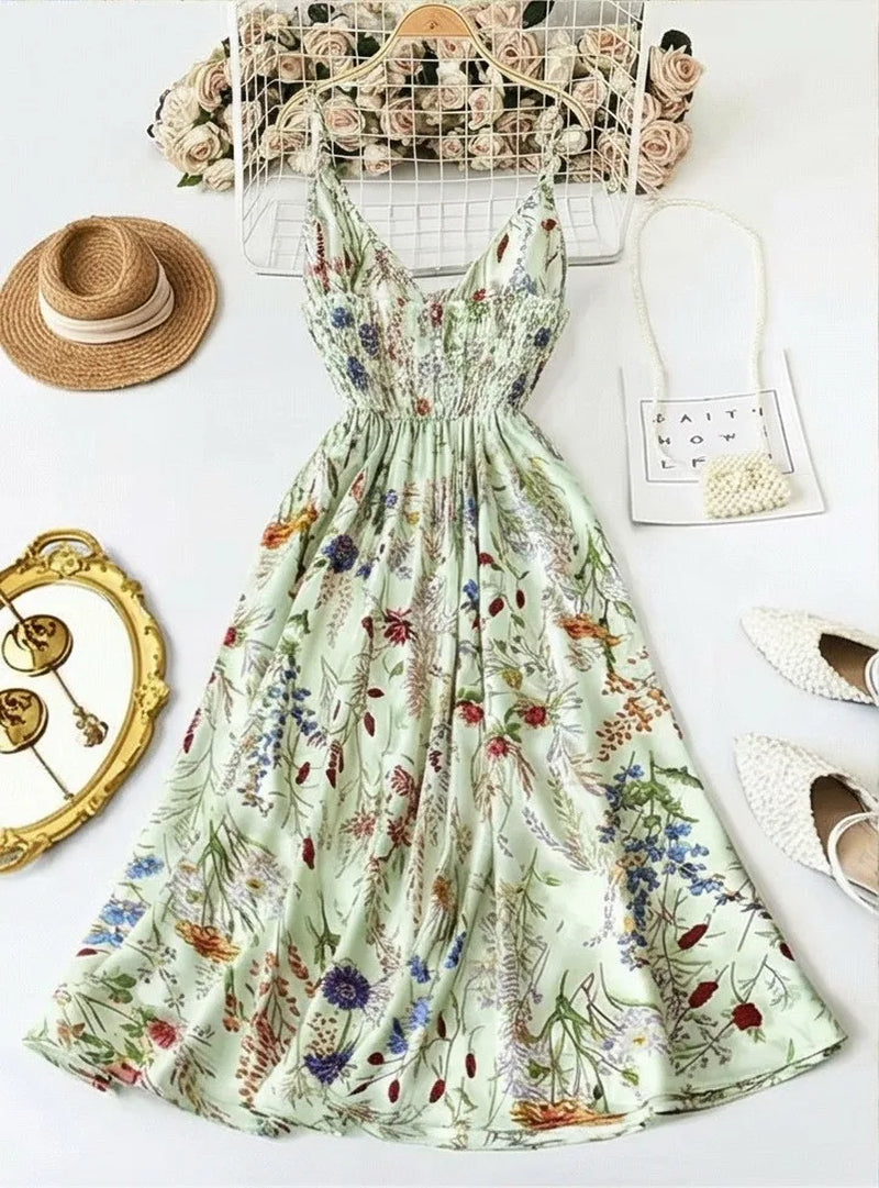 Summer Woman Dress Floral Print Spaghetti Strap Women'S Summer Sundress a Line Smocked Waist Maxi Dress Satin like Fabric Slip