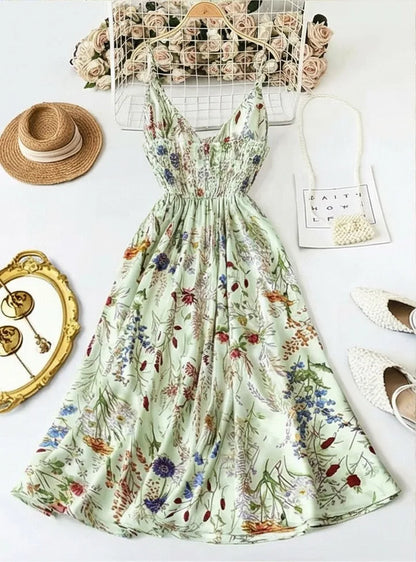 Summer Woman Dress Floral Print Spaghetti Strap Women'S Summer Sundress a Line Smocked Waist Maxi Dress Satin like Fabric Slip