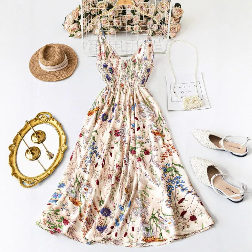 Summer Woman Dress Floral Print Spaghetti Strap Women'S Summer Sundress a Line Smocked Waist Maxi Dress Satin like Fabric Slip