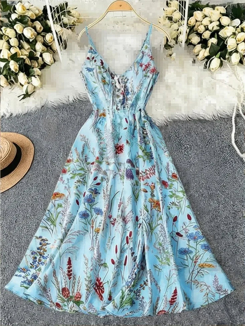 Summer Woman Dress Floral Print Spaghetti Strap Women'S Summer Sundress a Line Smocked Waist Maxi Dress Satin like Fabric Slip