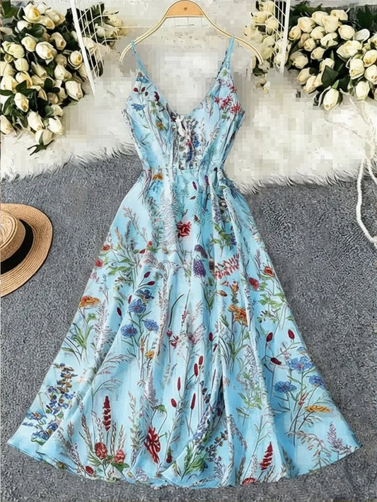 Summer Woman Dress Floral Print Spaghetti Strap Women'S Summer Sundress a Line Smocked Waist Maxi Dress Satin like Fabric Slip